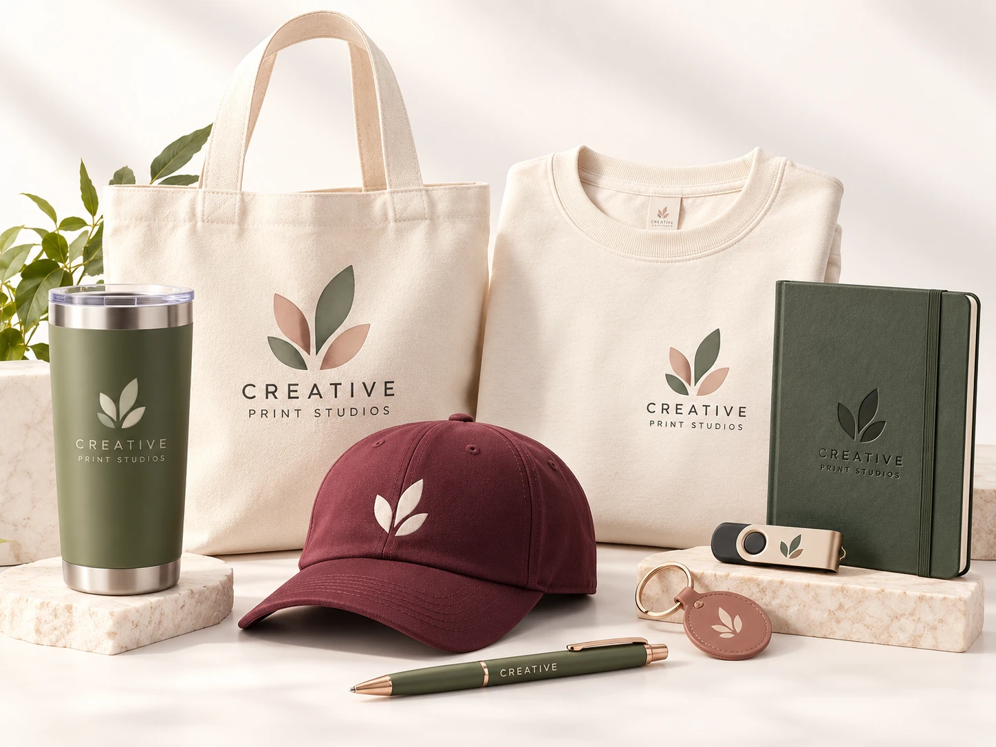 Illustrative promotional collection with a tote, sweatshirt, tumbler, cap, notebook, USB drive, keychain and pen